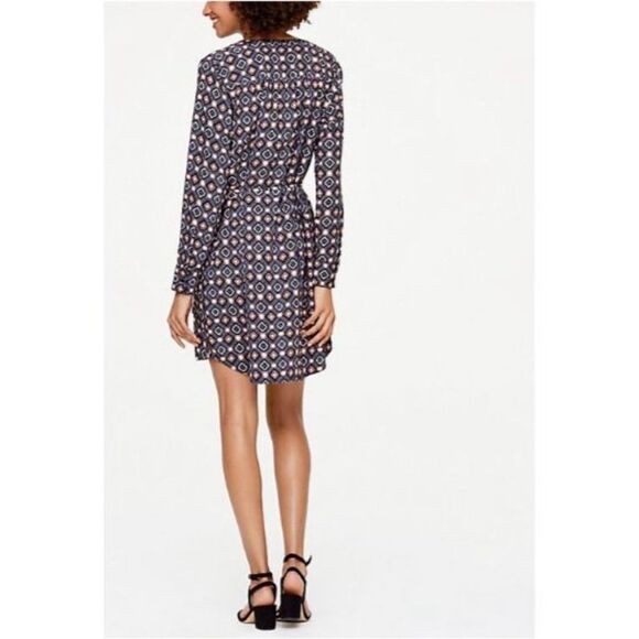 LOFT || Multicolor Geometric Long Sleeve ShirtTail Round Neck Mini Dress S - Picture 2 of 11